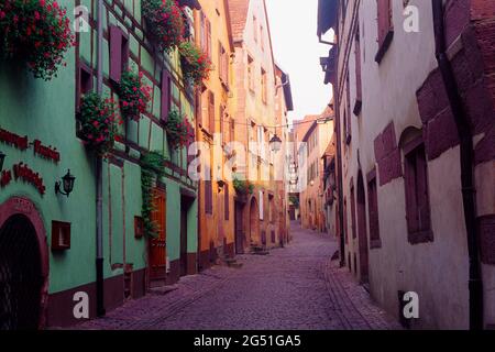 Narrow street in old town, Riquewihr, Alsace, France