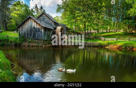 Mabry Mill in lush green scenery, Blue Ridge Parkway, Floyd County, Virginia, USA Stock Photo