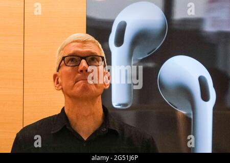 Los Angeles, California, USA. 24th June, 2021. Apple CEO TIM COOK attends the grand opening for the new Apple Tower Theater flagship retail store on Broadway Theater District in downtown Los Angeles. The landmark Tower Theater opened in 1927, designed by theatre architect S. Charles Lee, had remained closed since 1988. Credit: Ringo Chiu/ZUMA Wire/Alamy Live News Stock Photo