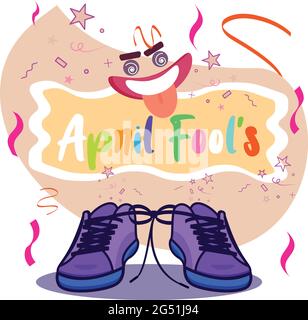 April fools poster Funny face and tied shoes prank Stock Vector