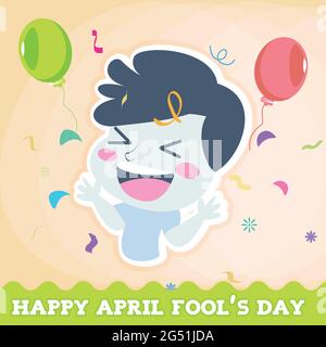 April fools poster Happy boy with balloons Stock Vector