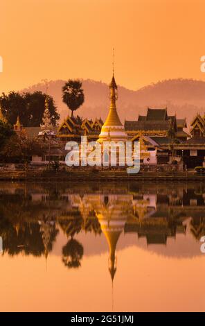 Wat Jong Klang temple at sunrise, Mae Hong Son, Thailand, Southeast Asia Stock Photo