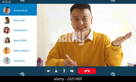 Asian teacher conducting lesson online Stock Photo