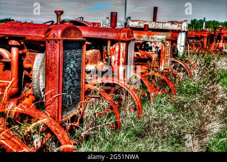 Row of old red abandoned rusty tractors Stock Photo