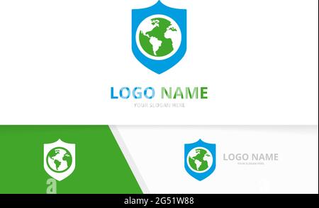 Vector shield and world logo combination. Globe security logotype design template. Stock Vector