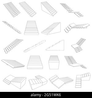 Set with contours of stairs of different types isolated on white background. Vector illustration. Stock Vector