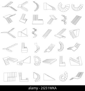 Set with contours of stairs of different types isolated on white background. Vector illustration. Stock Vector