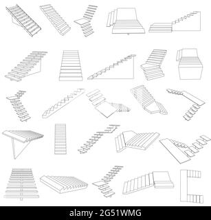 Set with contours of stairs of different types isolated on white background. Vector illustration. Stock Vector