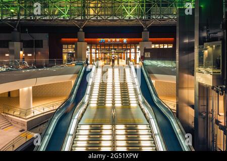 February 2, 2017: Staircase of east entrance of Kanazawa railway station, a railway station opened on 1 April 1898 located in Kanazawa, Ishikawa, Japa Stock Photo