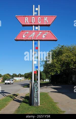 The neon sign advertising the historic Rock Cafe on Route 66 in Stroud, Oklahoma. The cafe opened in 1939. Stock Photo