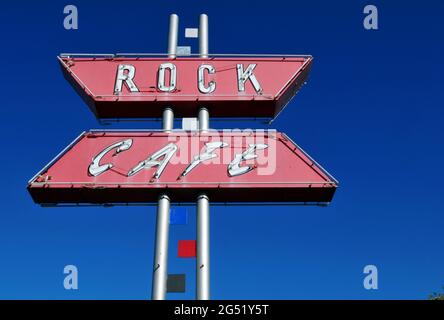 Detail of the neon sign advertising the historic Rock Cafe on Route 66 in Stroud, Oklahoma. The cafe opened in 1939. Stock Photo
