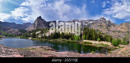 Rocky Mountains Sundial Peak at Lake Blanche hiking trail vista views in summer Wasatch Front, Big Cottonwood Canyon, Salt Lake City, Utah. United Sta Stock Photo