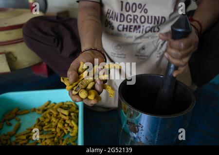 Neu Delhi, India. 21st June, 2021. An employee grinds turmeric at the New Delhi-based facility of ORCO, a brand that offers organic spices. The company supplies spices to German start-up 'Lyn's'. (to dpa 'The spice market is booming - and attracting company founders') Credit: Vijay Pandey/dpa/Alamy Live News Stock Photo