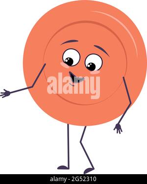 Cute plate character with joy emotions, smile face, happy eyes, arms and legs. A mischievous dishes for a cafe Stock Vector