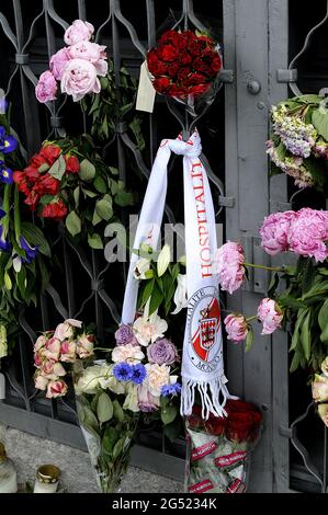 Copenhagen Denmark   17 July 2016-European union and French flags at half mast at french embassy and people are puring with flowers to pay tribute and Stock Photo