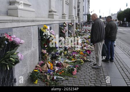 Copenhagen Denmark   17 July 2016-European union and French flags at half mast at french embassy and people are puring with flowers to pay tribute and Stock Photo