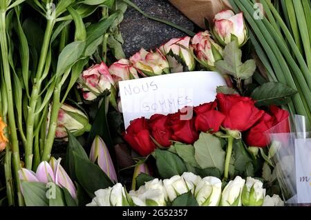 Copenhagen Denmark   17 July 2016-European union and French flags at half mast at french embassy and people are puring with flowers to pay tribute and Stock Photo