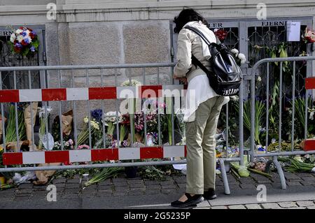 Copenhagen Denmark   17 July 2016-European union and French flags at half mast at french embassy and people are puring with flowers to pay tribute and Stock Photo