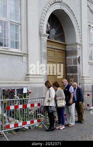 Copenhagen Denmark   17 July 2016-European union and French flags at half mast at french embassy and people are puring with flowers to pay tribute and Stock Photo