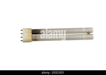Burnt-out  fluorescent lamp on a white background. An old electric lamp for a table lamp. Stock Photo