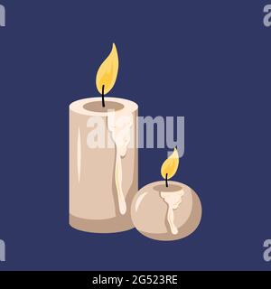 White candles on a blue background with dripping wax and fire Stock Vector