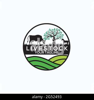 livestock logo with cow and tress exclusive design inspiration Stock Vector
