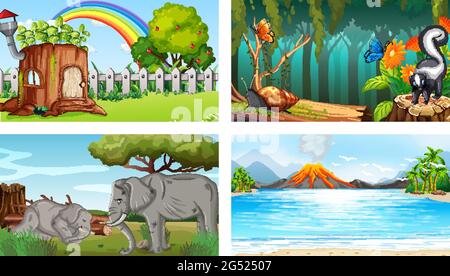 Four different nature horizontal scene  illustration Stock Vector