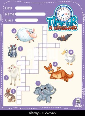 Crossword puzzle game template about animals illustration Stock Vector