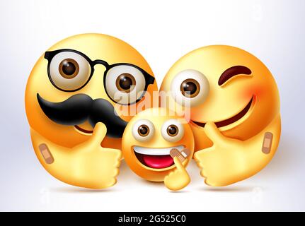 Smiley family covid vaccine vector banner design. Emoji 3d vaccinated family characters in happy and safe expressions with band aid element . Stock Vector