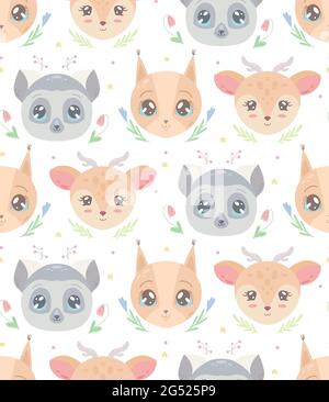 Cute childish pattern with heads of animal and flowers on a white background. Vector texture with lemur, squirrel and deer with stars and floral patte Stock Vector