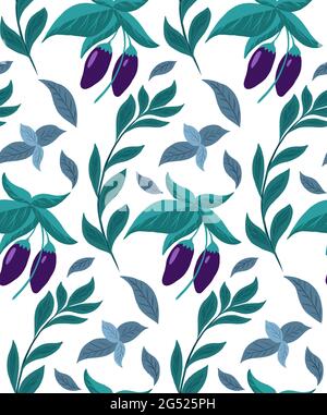 Seamless pattern with eggplants on the bushes and basil twigs on a white background. Vector natural flat texture. Gardening and horticulture. Wallpape Stock Vector