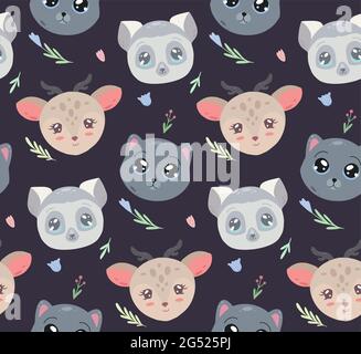 Cute childish pattern with heads of animal and flowers on dark background. Vector texture with lemur, cat and deer with floral pattern. Cartoon animal Stock Vector