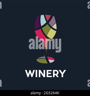Vector logo, abstract glass of wine in colorful mosaic style, winery concept Stock Vector