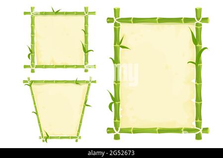 Set of green bamboo frames with leaves and old parchment, rope in cartoon style isolated on white background. Asian, tropical decoration, border. . Vector illustration Stock Vector