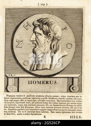 Homer, Greek poet, presumed author of the Iliad and the Odyssey, two epic poems that are the foundational works of ancient Greek literature. Homerus. Copperplate engraving by Pieter Bodart (1676-1712) from Henricus Spoor’s Deorum et Heroum, Virorum et Mulierum Illustrium Imagines Antiquae Illustatae, Gods and Heroes, Men and Women, Illustrated with Antique Images, Petrum, Amsterdam, 1715. First published as Favissæ utriusque antiquitatis tam Romanæ quam Græcæ in 1707. Henricus Spoor was a Dutch physician, classical scholar, poet and writer, fl. 1694-1716. Stock Photo