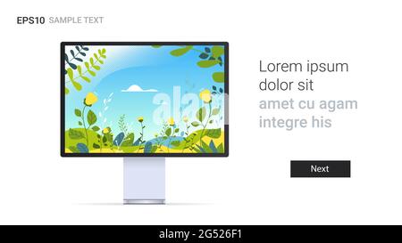 monitor with beautiful landscape wallpaper on screen isolated on white background realistic mockup devices Stock Vector