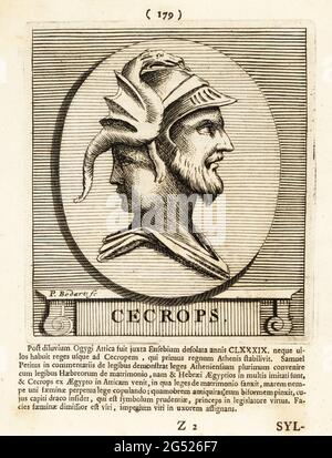 Kekrops or Cecrops I, mythical king of Attica, founder and the first king of Athens, Greece. With two faces, one young and one old, In helmet decorated with a dragon. Cecrops. Copperplate engraving by Pieter Bodart (1676-1712) from Henricus Spoor’s Deorum et Heroum, Virorum et Mulierum Illustrium Imagines Antiquae Illustatae, Gods and Heroes, Men and Women, Illustrated with Antique Images, Petrum, Amsterdam, 1715. First published as Favissæ utriusque antiquitatis tam Romanæ quam Græcæ in 1707. Henricus Spoor was a Dutch physician, classical scholar, poet and writer, fl. 1694-1716. Stock Photo