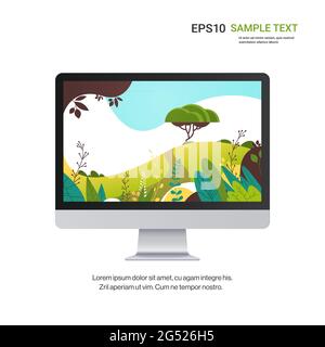 monitor with beautiful landscape wallpaper on screen isolated on white background realistic mockup devices Stock Vector