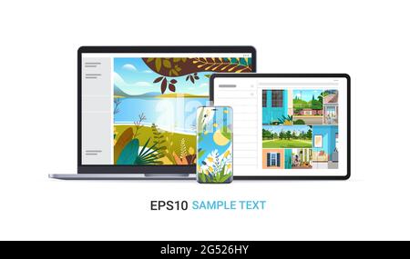 set laptop tablet and smartphone with beautiful wallpapers on screens realistic mockup gadgets and devices Stock Vector