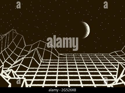 Retro dotwork landscape with 80s styled laser grid, planet, sun and stars background from old sci-fi book or poster Stock Vector
