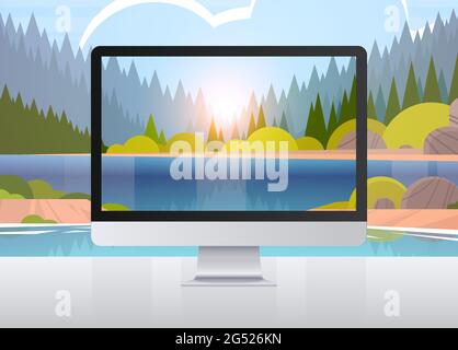 transparent monitor screen landscape background realistic gadgets and devices concept Stock Vector