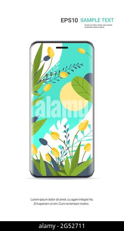 smartphone with beautiful blooming flowers wallpaper on screen realistic mockup gadgets and devices Stock Vector