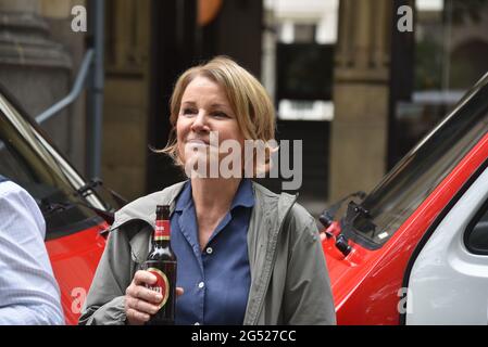 Cologne, Germany. 24th June, 2021. Actress Mariele Millowitsch christened VW Oldtimer Billis T3 with the names 'Pitter' and 'Mariele'. With this buses love your city - tours through Cologne can be booked. Credit: Horst Galuschka/dpa/Alamy Live News Stock Photo