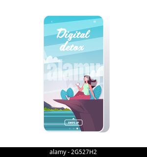 woman drinking coffee sitting on mountain cliff digital detox concept girl resting from gadgets Stock Vector