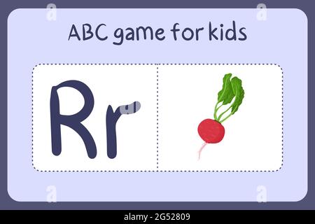 Kid alphabet mini games in cartoon style with letter R - radish . Vector illustration for game design - cut and play. Learn abc with fruit and vegetable flash cards. Stock Vector