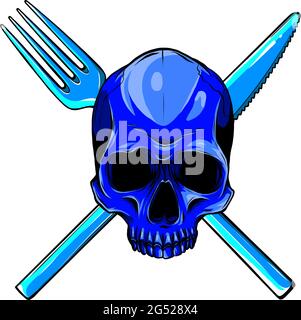blue Human Skull with a cutlery. Illustration for design Stock Vector