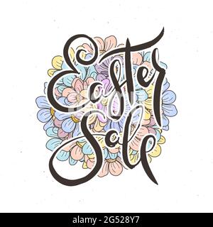 Easter Sale. Hand lettering grunge card with flower background. Handcrafted doodle letters in retro style. Hand-drawn vintage vector typography illust Stock Vector