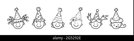 Happy children heads at a birthday party. Children in festive hats on a fun holiday. Hand drawn children drawing. Vector illustration isolated in Stock Vector