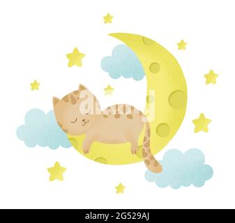 Cute little cat sleeping on the moon, illustration, kids fashion artworks, baby graphics for wallpapers and prints. Stock Photo