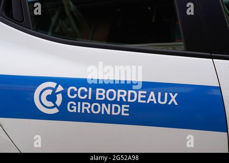 Bordeaux , Aquitaine France - 02 05 2021 : Chambre de Commerce et d'Industrie CCI stickers on side car of french business Chamber of Commerce and Indu Stock Photo
